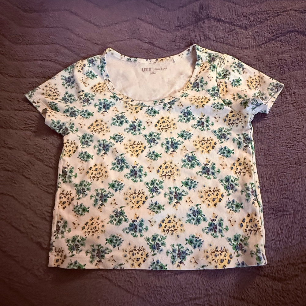 Uniqlo Floral Short Sleeve Tee - White, Green, Yellow